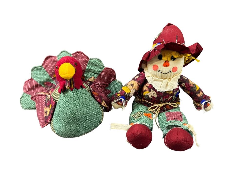 Vintage Gibson Calico Crafts Stuffed Fabric Patchwork Turkey & Scarecrow